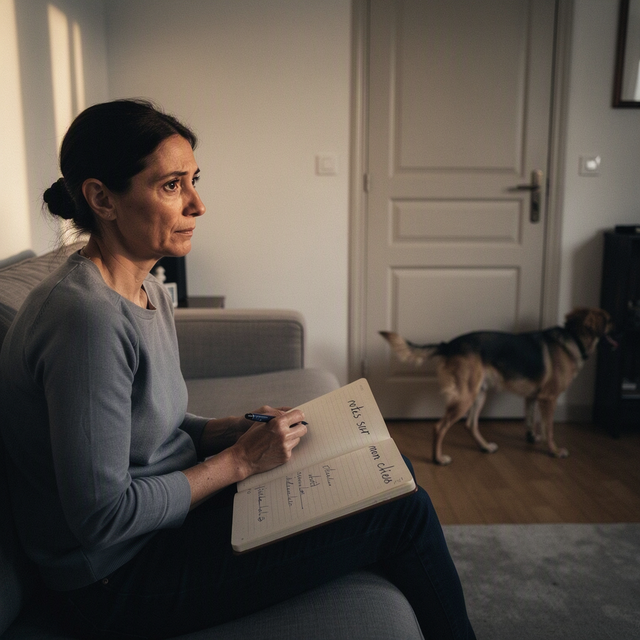 Photo éditoriale réaliste, dans un salon français sobre en fin de journée : gros plan à hauteur des yeux sur le visage fatigué mais attentif d’une propriétaire adulte assise près d’un canapé, carnet ouvert et stylo dans les mains, observant son chien adulte visible à quelques mètres, légèrement agité près d’une porte. Cadrage horizontal, lumière naturelle douce et un peu feutrée, ambiance empathique et non dramatique, aucun enfant ni bébé.