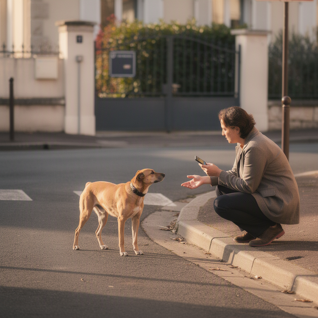 Photo réaliste en France : une femme adulte en veste sobre, accroupie à distance prudente sur le trottoir d’une rue résidentielle, observe calmement un chien seul portant un collier. Elle tient un téléphone dans une main et garde l’autre main ouverte, sans toucher l’animal. Maison, portail et panneau de rue flous à l’arrière-plan ; cadrage horizontal à hauteur humaine, lumière douce de fin d’après-midi, atmosphère attentive et rassurante, aucun enfant visible.