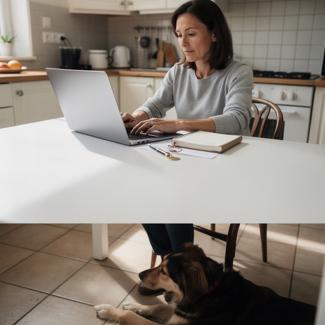 Photo éditoriale réaliste en France : une femme adulte assise à une table de cuisine lumineuse, de trois quarts, vérifie calmement une annonce et des documents de cession sur un ordinateur portable ; un chien adulte est couché à ses pieds, visible mais non central. Sur la table, un carnet, un stylo et une médaille d’identification sans texte lisible. Lumière naturelle douce, cadrage horizontal, ambiance responsable et rassurante, aucun enfant, aucun bébé, aucun texte ou logo lisible.
