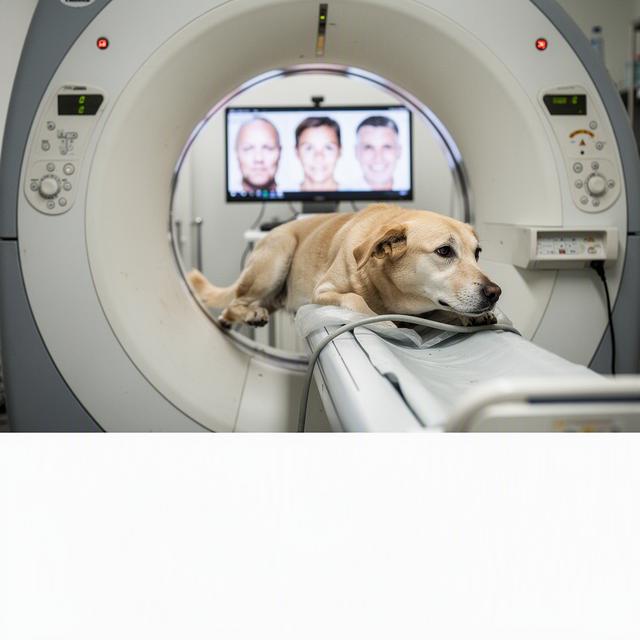 Photo éditoriale réaliste dans un laboratoire de neurosciences vétérinaires : un chien adulte calme, éveillé, vu de profil et installé dans le tunnel d’un appareil d’IRM ; à l’extrémité, un écran montre des portraits flous de visages adultes aux expressions différentes, sans qu’aucun enfant ne soit visible. Cadrage horizontal moyen, lumière clinique douce, détails crédibles de l’équipement médical, atmosphère attentive et sereine, sans texte ni logo.