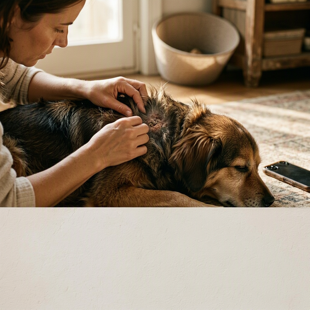 Dans un salon, un adulte assis écarte les poils du dos de son chien et observe des croûtes, un smartphone à côté
