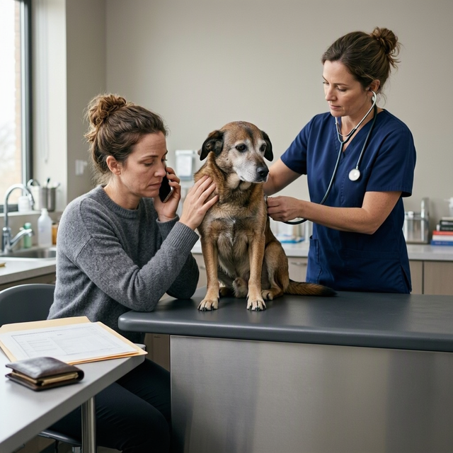 Une femme tient un chien pendant qu’une vétérinaire l’examine, près d’une facture vétérinaire