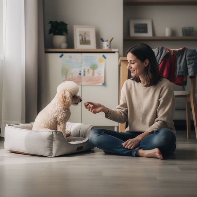 Dans un appartement, une femme tend une friandise à un chien caniche assis près de son panier et d’un manteau d’enfant