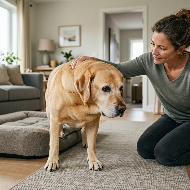 Une femme caresse un chien adulte debout sur un tapis dans un salon