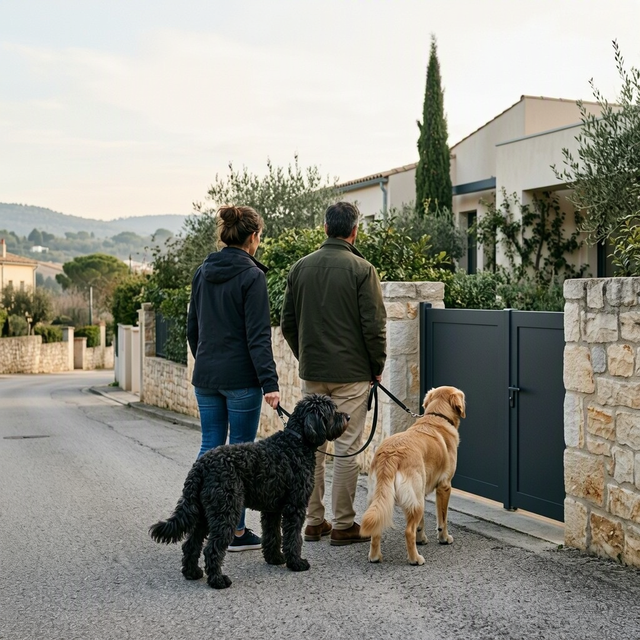 Deux personnes tenant deux chiens en laisse se tiennent devant le portail d’une maison