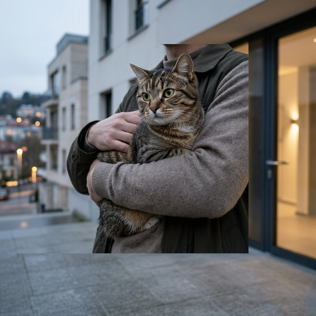 Un chat tigré est tenu dans les bras d’une personne devant l’entrée d’un immeuble