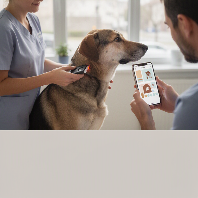 Dans une clinique vétérinaire, une vétérinaire scanne la puce d’un chien, près d’un téléphone affichant un scan de truffe