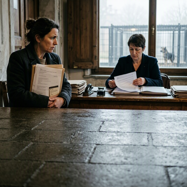 Dans une mairie, une femme tient des documents face à un agent, tandis qu’un chien se tient derrière une grille au loin