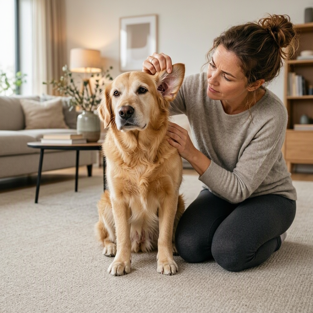 Une femme soulève l’oreille d’un chien assis sur un tapis dans un salon