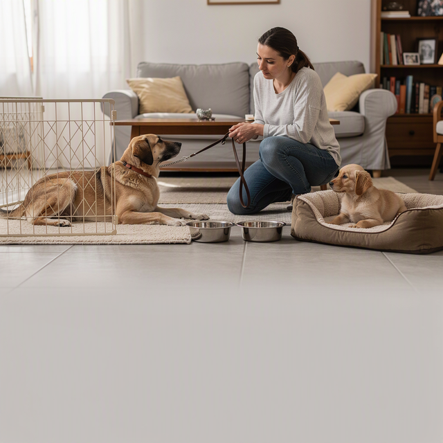 Dans un salon, une femme accroupie tient une longe entre un chiot près de son panier et un chien couché derrière une barrière