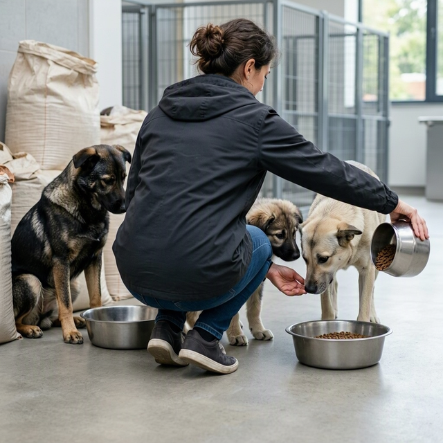 Une femme accroupie verse des croquettes dans une gamelle auprès de trois chiens dans un chenil