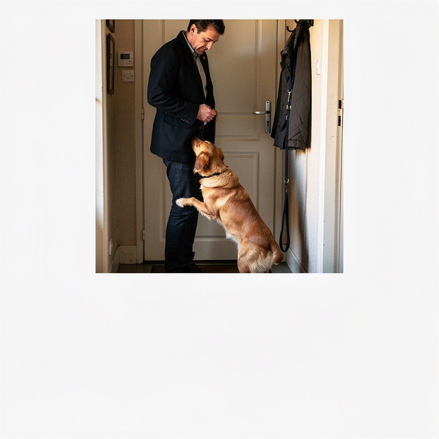 Dans une entrée, un chien renifle les vêtements d’un adulte près de la porte