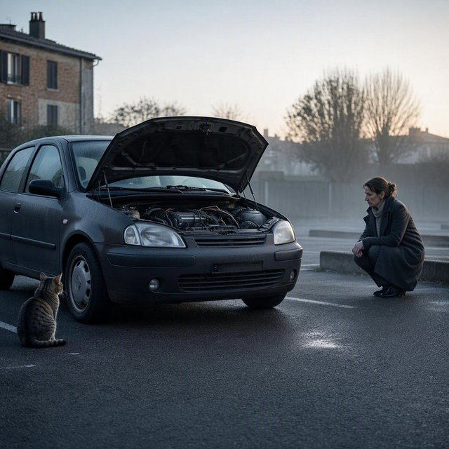 Un chat au sol près d’une voiture au capot ouvert montrant le moteur, une conductrice accroupie plus loin sur un parking