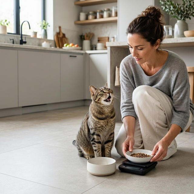 Une femme pèse des croquettes dans un bol devant un chat assis sur le sol de la cuisine