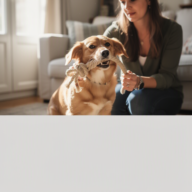 Dans un salon, une femme accroupie présente un jouet en corde à un petit chien qui le tient doucement dans sa gueule