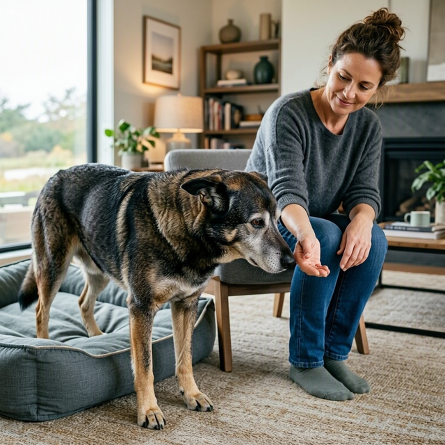 Une femme tend la main à un chien senior debout près de son panier dans un salon