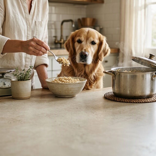 Dans une cuisine, un adulte tient une cuillère de flocons d’avoine au-dessus de la gamelle d’un chien assis