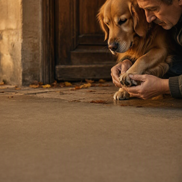 Dans l’entrée, un adulte accroupi examine une patte de chien au retour d’une balade d’automne