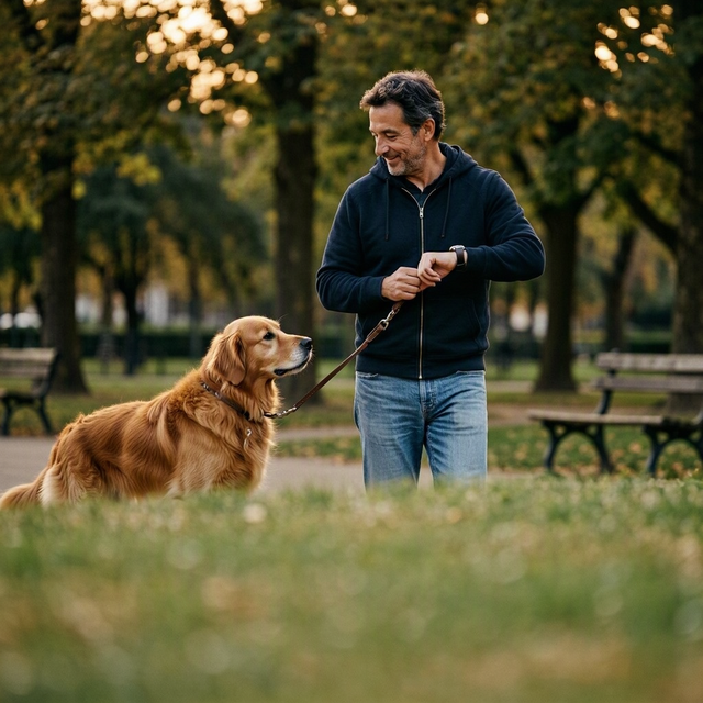 Un adulte marche d’un pas soutenu dans un parc, son chien en laisse le regarde tandis qu’il consulte sa montre
