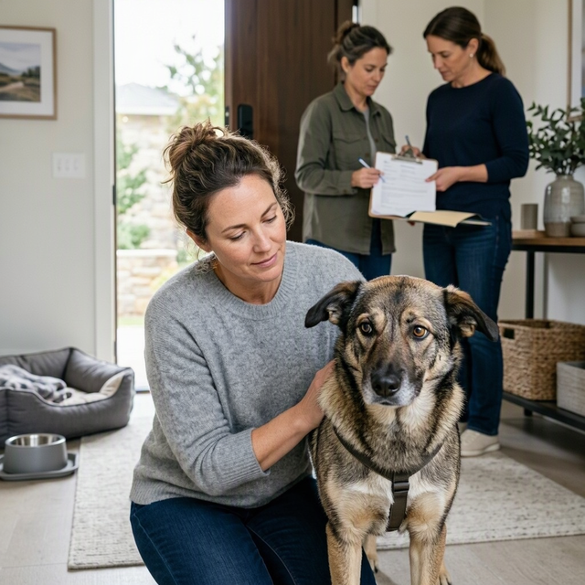 Une femme caresse un chien tandis que deux femmes consultent un contrat dans une maison