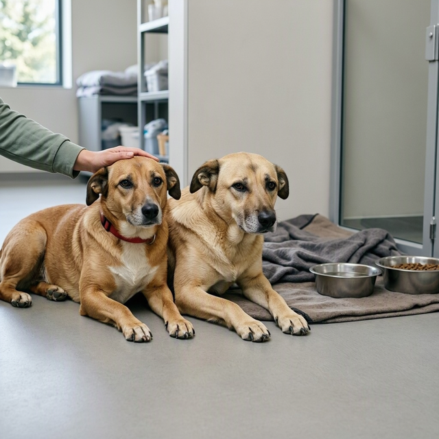 Deux chiens couchés sur le sol près d’une couverture et de gamelles, tandis qu’une main caresse l’un d’eux
