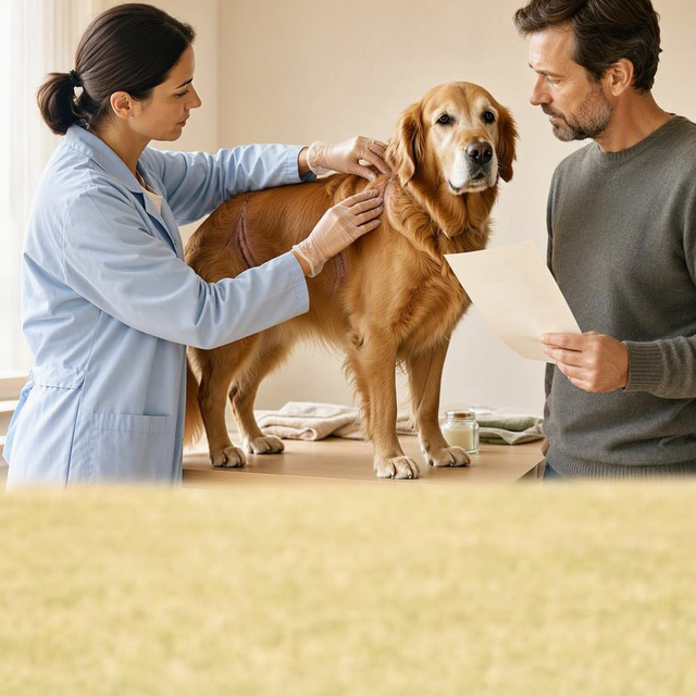 En salle de consultation, une vétérinaire examine la cicatrice au flanc d’un chien près de son propriétaire
