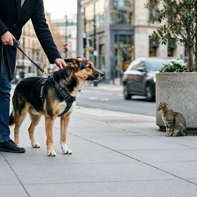 Un chien tenu en laisse regarde un chat assis sur un trottoir en ville