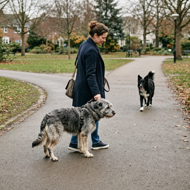 Un chien détaché s’approche d’un chien en laisse tenu par une femme sur une allée de parc