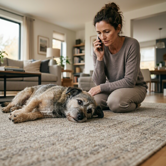 Une femme agenouillée téléphone près d’un chien allongé sur un tapis dans un salon