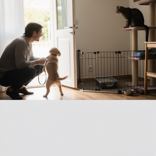 Dans un appartement, un adulte accroupi tient un chiot en laisse face à un chat perché près d’une zone refuge