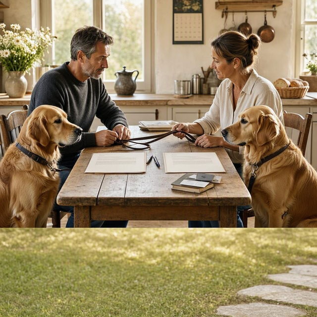 Deux propriétaires assis face à face tiennent leurs chiens, séparés autour d’une table avec un contrat de saillie et un stylo