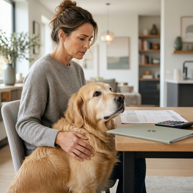 Une femme tient un chien assis près de documents et d’une calculatrice sur une table