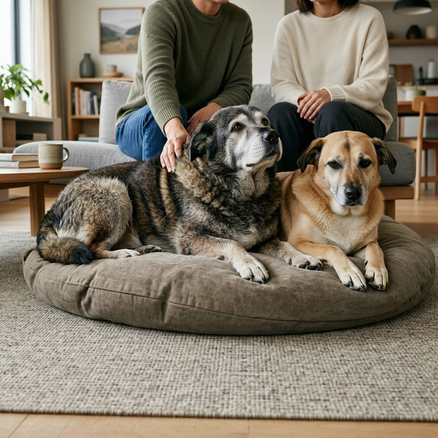 Deux chiens reposent sur un grand coussin tandis que deux adultes sont assis derrière eux dans un salon