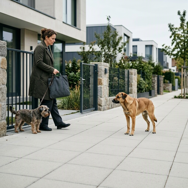 Une femme tient un petit chien en laisse sur un trottoir, face à un autre chien