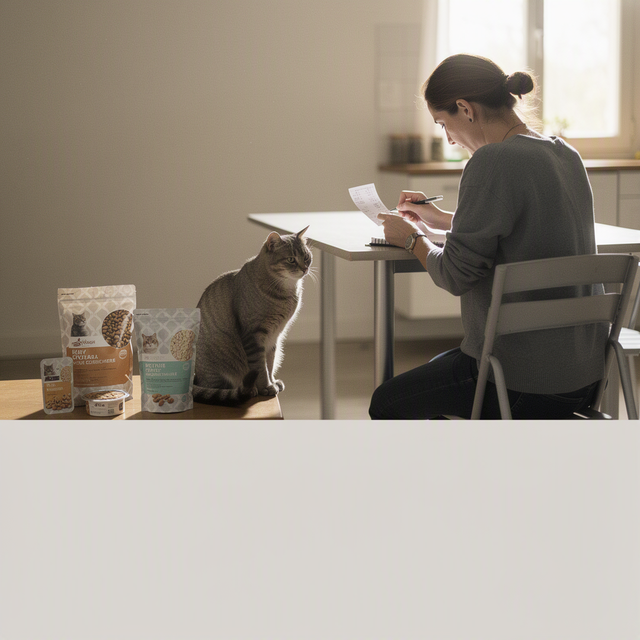 Dans une cuisine, un chat regarde une adulte consulter un ticket et noter des montants près d’aliments et de friandises