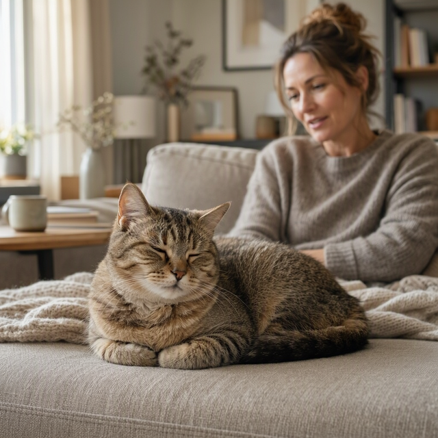 Un chat tigré est allongé sur un canapé devant une femme assise dans un salon