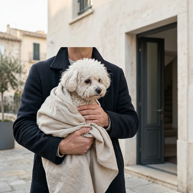 Un homme en manteau sombre porte un petit chien blanc enveloppé dans une couverture devant une entrée