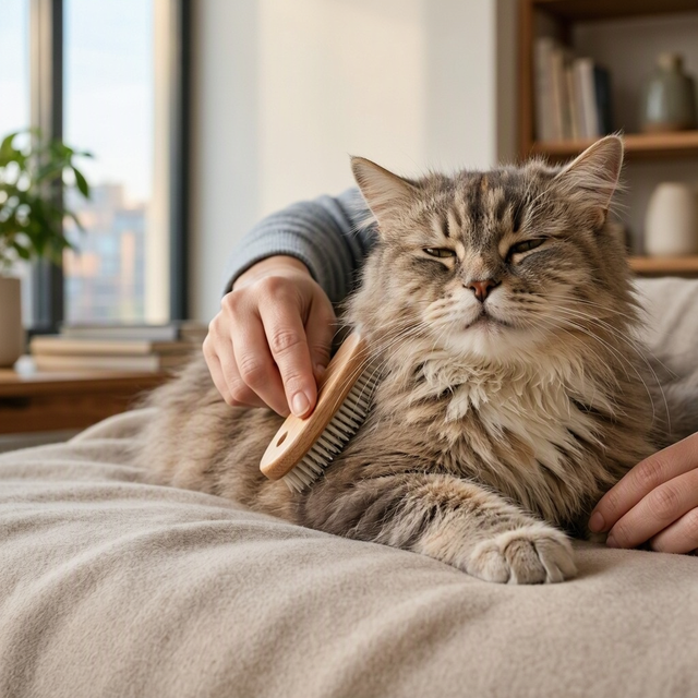 Un chat tigré allongé sur un lit est brossé par une personne