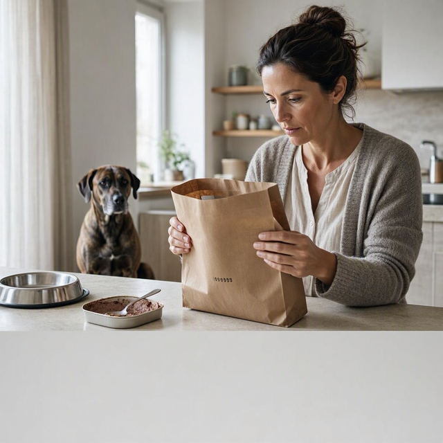 Une adulte vérifie le lot d’un sac de croquettes dans une cuisine, près d’un smartphone et d’une boîte de pâtée