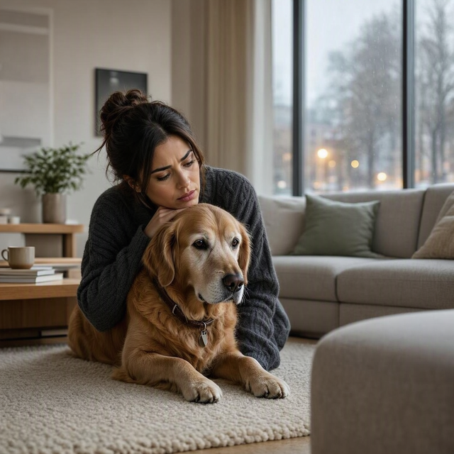 À domicile, une femme caresse son vieux chien couché sur une couverture tandis qu’une vétérinaire les écoute