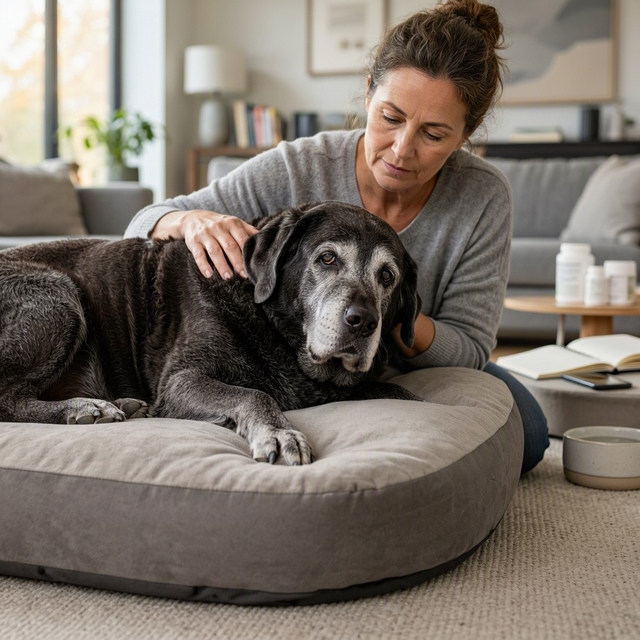 Une femme caresse un chien âgé allongé sur un coussin, près de flacons de médicaments