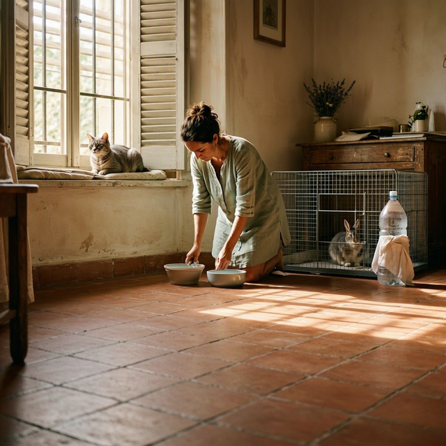Dans une pièce, une femme vérifie deux bols d’eau près d’un chien couché au sol, d’un chat à la fenêtre et d’un lapin en cage