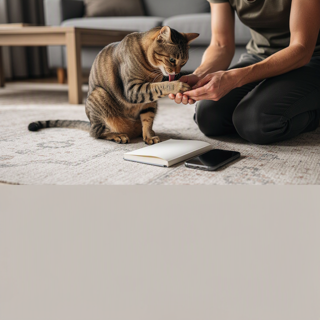 Dans un salon, un chat assis lèche une patte tandis qu’une adulte accroupie observe son coussinet près d’objets sur une table