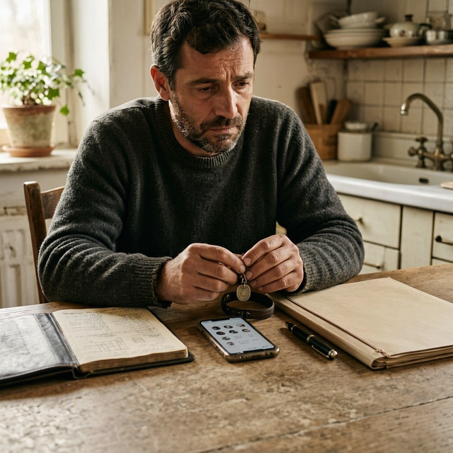 Dans une cuisine, un adulte tient la médaille de son chien, couché contre sa jambe, près d’un carnet et d’un téléphone