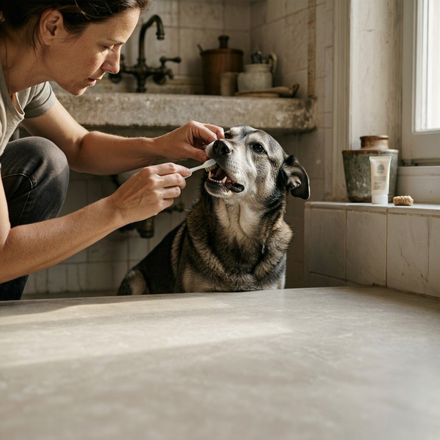 Dans une salle de bains, un adulte soulève la babine du chien et approche une petite brosse de ses dents