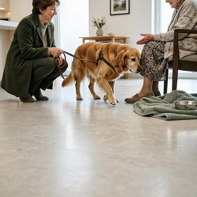 Dans un EHPAD, une femme accroupie tient la laisse d’un chien qui approche la main ouverte d’une résidente assise