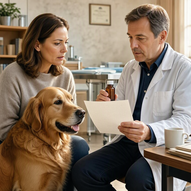 En consultation, un vétérinaire montre des résultats de suivi sanguin et un flacon à la propriétaire d’un chien