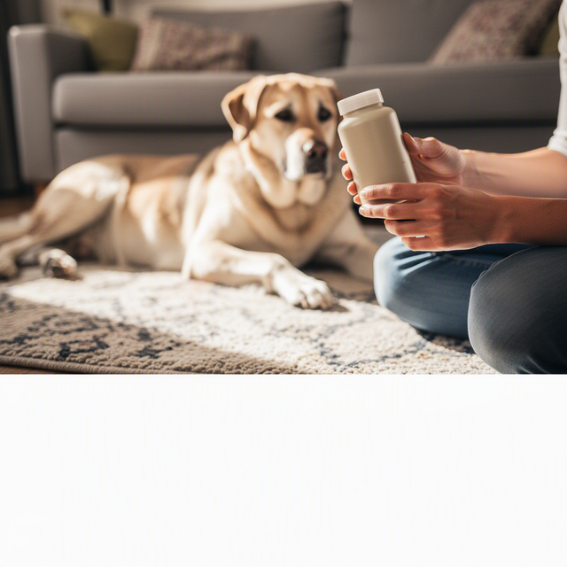 Une femme lit l’étiquette d’un flacon de compléments près d’un chien couché sur un tapis dans un salon