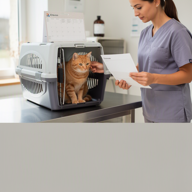 En France, un chat roux est assis dans sa caisse tandis qu’une vétérinaire montre un calendrier à sa propriétaire