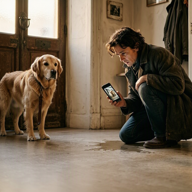 Un adulte accroupi près d’une flaque de pipi regarde sur son téléphone une vidéo du chien dans l’entrée